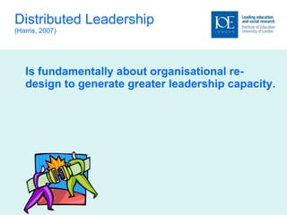 Distributed Leadership (Harris, 2007) Is fundamentally about organisational re-design to generate greater leadership capacity.  