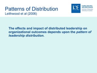 Patterns of Distribution Leithwood et al (2006) The effects and impact of distributed leadership on organizational outcomes depends upon the  pattern of leadership distribution .  