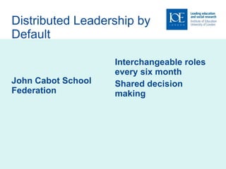 Distributed Leadership by Default Interchangeable roles every six month Shared decision making John Cabot School Federation 