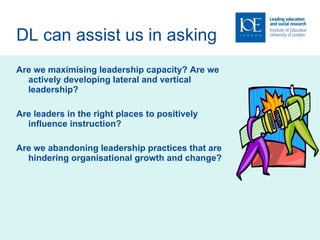DL can assist us in asking Are we maximising leadership capacity? Are we actively developing lateral and vertical leadership? Are leaders in the right places to positively influence instruction? Are we abandoning leadership practices that are hindering organisational growth and change? 