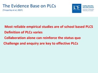 The Evidence Base on PLCs (Timperley et al, 2007) Most reliable empirical studies are of school based PLCS  Definition of PLCs varies  Collaboration alone can reinforce the status quo Challenge and enquiry are key to effective PLCs 