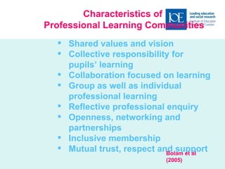 Characteristics of  Professional Learning Communities Shared values and vision Collective responsibility for pupils’ learning Collaboration focused on learning Group as well as individual professional learning Reflective professional enquiry Openness, networking and partnerships Inclusive membership Mutual trust, respect and support Bolam et al (2005) 