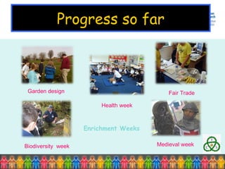 Progress so far Enrichment Weeks Garden design Health week Fair Trade  Biodiversity  week Medieval week 