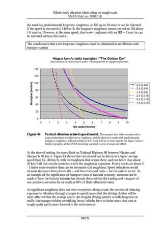 Whole-body vibration when riding on rough roads
                                                  SNRA Publ. no. 2000:31E

the road has predominantly longwave roughness, an IRI up to 10 mm/m can be tolerated.
If the speed is increased to 140 km/h, the longwave roughness cannot exceed an IRI above
1.6 mm/m. However, at the same speed, shortwave roughness with an IRI = 2 mm/m can
be tolerated without discomfort.

The conclusion is that even longwave roughness must be eliminated in an efficient road
transport system.


                                        Högsta komfortabla hastighet i "The Golden Car"
                                     Olika samband vid olika lutning för grafen i PSD-diagrammet för vägojämnhetsprofilen


                       140

                       120
  Hastighet [km/tim]




                       100
                                                                                                                            -2,5 (0,63)
                                                                                                                            -2,0 (0,63)
                       80
                                                                                                                            -1,5 (0,63)
                                                                                                                            -2,5 (0,315)
                       60
                                                                                                                            -2,0 (0,315)
                                                                                                                            -1,5 (0,315)
                       40

                       20

                        0
                             0      1       2        3         4        5        6         7        8        9        10
                                                              IRI-värde [mm/m]

Figure 44                        Vertical vibration-related speed model. The steepest lines refer to roads with a
                                 large predominance of shortwave roughness, and the flattest to roads with predominantly
                                 longwave roughness. Vibration limits of 0.315 and 0.63 m/s2 were used in the figure. Source:
                                 Study in progress at the SNRA involving a general review of cause and effect.


At the time of writing, the speed limit on National Highway 90 between Näsåker and
Skarped is 90 km/h. Figure 44 shows that cars should not be driven at a higher average
speed than 65 - 80 km/h, with the roughness that occurs there, and not faster than about
20 km/h (if that) on the stretches where the roughness is greatest. Heavy trucks are about 2
- 3 times more sensitive than cars to increased road roughness. Speed reductions would
increase transport times drastically -- and thus transport costs -- for the private sector. As
an example of the significance of transport costs in national economy, mention can be
made of how the forestry industry has already declared that the loading and transport of
raw products accounts for as much as 20% of their refinement value.

As significant roughness does not exist everywhere along a road, the method of reducing
exposure to vibration through changes in speed means that the driving rhythm will be
more affected than the average speed. An irregular driving pattern is both dangerous in
traffic (encourages reckless overtaking, heavy vehicles have to brake more than cars at
rough spots) and is more harmful to the environment.



                                                                      68(79)
 