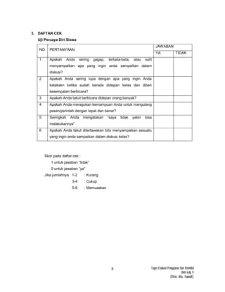 Tugas Evaluasi Pengajaran Dan Remidial
Oleh kelp 9
(fitria, dita, Iswandi)
8
3. DAFTAR CEK
Uji Percaya Diri Siswa
NO PERTANYAAN
JAWABAN
YA TIDAK
1 Apakah Anda sering gagap, terbata-bata, atau sulit
menyampaikan apa yang ingin anda sampaikan dalam
diskusi?
2 Apakah Anda sering lupa dengan apa yang ingin Anda
katakakn ketika sudah berada didepan kelas dan diberi
kesempatan berbicara?
3 Apakah Anda takut berbicara didepan orang banyak?
4 Apakah Anda meragukan kemampuan Anda untuk mengulang
pesan/perintah dengan tepat dan benar?
5 Seringkah Anda mengatakan ”saya tidak yakin bisa
melakukannya”
6 Apakah Anda takut ditertawakan bila menyampaikan sesuatu
yang ingin anda sampaikan dalam diskusi kelas?
Skor pada daftar cek :
1 untuk jawaban ”tidak”
0 untuk jawaban ”ya”
Jika jumlahnya 1-2 : Kurang
3-4 : Cukup
5-6 : Memuaskan
 