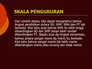 SKALA PENGUKURAN
Dari contoh diatas, kita dapat mengetahui bahwa
tingkat pendidikan antara SD, SMP, SMA dan PT tsb
berbeda. Kita tahu pula bahwa SMA itu lebih tinggi
dibandingkan SD dan SMP tetapi lebih rendah
dibandingkan PT. Begitu pula dg tingkat kemanisan,
bahwa antara sangat manis dg manis itu berbeda.
Kita tahu bahwa sangat manis tsb lebih manis
dibandingkan manis atau kurang dan tidak manis.
 