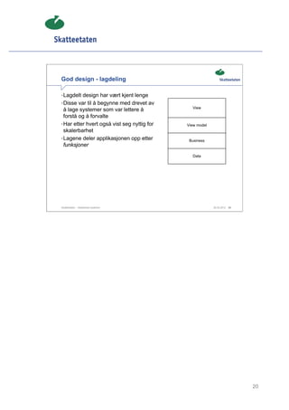 God design - lagdeling

• Lagdelt design har vært kjent lenge
• Disse var til å begynne med drevet av
                                               View
  å lage systemer som var lettere å
  forstå og å forvalte
• Har etter hvert også vist seg nyttig for   View model
  skalerbarhet
• Lagene deler applikasjonen opp etter        Business
  funksjoner
                                               Data




Skatteetaten – Skalerbare systemer                        29.02.2012   20




                                                                            20
 
