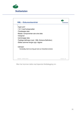 XML – Dokumentsentrisk

 • Ingen join!
 • 1 til 1 med funksjonalitet
 • Tilrettelagte data
 • Master, komponenten eier sine data
 • Versjoner
 • Uavhengige data
 • Tydelige definisjon (xsd - XML Schema Definition)
 • Settes sammen lengre opp i lagene


 • Ulemper:
      • Vanskelig med å se ting på tvers av hierarkisk struktur




 Skatteetaten – Skalerbare systemer                               29.02.2012   38




Men her kommer dette med løpende tilrettelegging inn




                                                                                    38
 