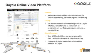 Problem:
• Medien-Kunden brauchen End-to-End Lösung für
Medien-Speicherung, Verarbeitung und Auslieferung
Lösung:
• Die skalierbaren AWS-Dienste ermöglichen es Ooyala
Inhalte zu verwalten und zu publizieren, zu
personalisieren und Zielgruppen zu messen und zu
monetarisieren
Geschäftsnutzen:
• Über 1 Milliarde Videos pro Monat abgespielt
über 2 Milliarden analysierte Ereignisse pro Tag
• 25% der U.S. Online Viewer betrachten Videos
powered by Ooyala
Ooyala Online Video Plattform
 