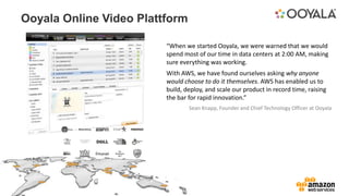 “When we started Ooyala, we were warned that we would
spend most of our time in data centers at 2:00 AM, making
sure everything was working.
With AWS, we have found ourselves asking why anyone
would choose to do it themselves. AWS has enabled us to
build, deploy, and scale our product in record time, raising
the bar for rapid innovation.”
Sean Knapp, Founder and Chief Technology Officer at Ooyala
Ooyala Online Video Plattform
 