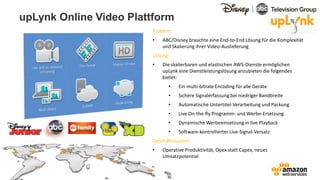 Problem:
• ABC/Disney brauchte eine End-to-End Lösung für die Komplexität
und Skalierung ihrer Video-Auslieferung
Lösung:
• Die skalierbaren und elastischen AWS-Dienste ermöglichen
upLynk eine Dienstleistungslösung anzubieten die folgendes
bietet:
• Ein multi-bitrate Encoding für alle Geräte
• Sichere Signalerfassung bei niedriger Bandbreite
• Automatische Untertitel-Verarbeitung und Packung
• Live On-the-fly Programm- und Werbe-Ersetzung
• Dynamische Werbeeinsetzung in live Playback
• Software-kontrollierter Live-Signal-Versatz
Geschäftsnutzen:
• Operative Produktivität, Opex statt Capex, neues
Umsatzpotential
upLynk Online Video Plattform
 