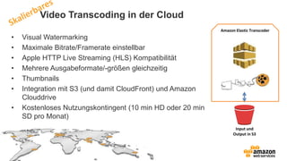 Input und
Output in S3
Video Transcoding in der Cloud
Amazon Elastic Transcoder
• Visual Watermarking
• Maximale Bitrate/Framerate einstellbar
• Apple HTTP Live Streaming (HLS) Kompatibilität
• Mehrere Ausgabeformate/-größen gleichzeitig
• Thumbnails
• Integration mit S3 (und damit CloudFront) und Amazon
Clouddrive
• Kostenloses Nutzungskontingent (10 min HD oder 20 min
SD pro Monat)
 