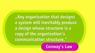 „Any organization that designs
a system will inevitably produce
a design whose structure is a
copy of the organization‘s
communication structure.“
                Conway‘s Law
 