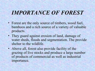 IMPORTANCE OF FOREST
• Forest are the only source of timbers, wood fuel,
bamboos and a rich source of a variety of valuable
products.
• They guard against erosion of land, damage of
water sheds, floods and segmentation. The provide
shelter to the wildlife.
• Above all, forest also provide facility of the
grazing of live stocks and produce a large number
of products of commercial as well as industrial
importance.
 