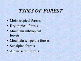 TYPES OF FOREST
• Moist tropical forests
• Dry tropical forests
• Mountain subtropical
forests
• Mountain temperate forests
• Subalpine forests
• Alpine scrub forests
 