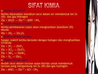  Reaksi dengan air 
Ketika dipanaskan skandium larut dalam air membentuk ion Sc 
(III) dan gas Hidrogen 
2Sc + 6H2O → 2Sc+3 + 6OH- +3H2 
 Reaksi dengan oksigen 
Ketika pembakaran cepat akan menghasilkan skandium (III) 
oksida 
4Sc + 3O2 → 2Sc2O3 
 Reaksi dengan halogen 
Sangat reaktif ketika bereaksi dengan halogen dan menghasilkan 
trihalida 
2Sc + 3F2 → 2ScF3 
2Sc + 3Cl2 → 2ScCl3 
2Sc + 3Br2 → 2ScBr3 
2Sc + 3I2 → 2ScI3 
 Reaksi dengan asam 
Mudah larut dalam larutan asam klorida untuk membentuk 
larutan yang mengandung ion Sc (III) dan gas hydrogen 
2Sc + 6HCl → 2Sc+3 + 6Cl- +3H2 
 