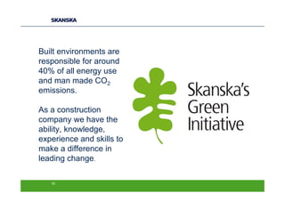 Built environments are
responsible for around
40% of all energy use
and man made CO2
emissions.

As a construction
company we have the
ability, knowledge,
experience and skills to
make a difference in
leading change.

   10
 
