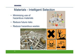 Materials - Intelligent Selection
− Minimising use of
  hazardous materials
− Reduce future risks
− Reduce hazardous wastes




   29
 