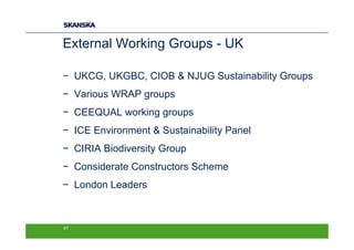 External Working Groups - UK

− UKCG, UKGBC, CIOB & NJUG Sustainability Groups
− Various WRAP groups
− CEEQUAL working groups
− ICE Environment & Sustainability Panel
− CIRIA Biodiversity Group
− Considerate Constructors Scheme
− London Leaders



47
 