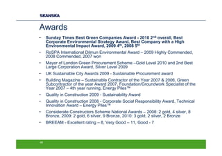 Awards
−    Sunday Times Best Green Companies Award - 2010 2nd overall, Best
     Corporate Environmental Strategy Award, Best Company with a High
     Environmental Impact Award, 2009 4th, 2008 5th
−    RoSPA International Dilmun Environmental Award – 2009 Highly Commended,
     2008 Commended, 2007 won
−    Mayor of London Green Procurement Scheme –Gold Level 2010 and 2nd Best
     Large Corporation Award, Silver Level 2009
−    UK Sustainable City Awards 2009 - Sustainable Procurement award
−    Building Magazine – Sustainable Contractor of the Year 2007 & 2006, Green
     Subcontractor of the year Award 2007, Foundation/Groundwork Specialist of the
     Year 2007 – 4th year running, Energy Piles™
−    Quality in Construction 2009 - Sustainability Award
−    Quality in Construction 2008 - Corporate Social Responsibility Award, Technical
     Innovation Award – Energy Piles™
−    Considerate Constructors Scheme National Awards – 2008: 2 gold, 4 silver, 8
     Bronze, 2009: 2 gold, 6 silver, 9 Bronze, 2010: 3 gold, 2 silver, 2 Bronze
−    BREEAM - Excellent rating – 8, Very Good – 11, Good - 7



49
 