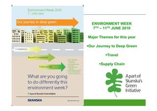 ENVIRONMENT WEEK
        7TH – 11TH JUNE 2010

     Major Themes for this year

     Our Journey to Deep Green

               Travel

           Supply Chain




51
 