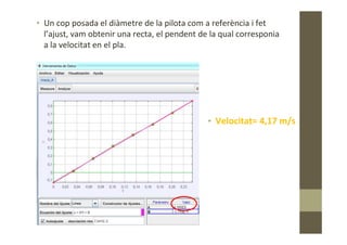• Velocitat= 4,17 m/s
• Un cop posada el diàmetre de la pilota com a referència i fet
l’ajust, vam obtenir una recta, el pendent de la qual corresponia
a la velocitat en el pla.
• Velocitat= 4,17 m/s
 