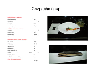 Gazpacho soup
  tomato cosumme 15 per portion      
  tomato date italian   2 kg  
  garlic cloves   2  
  murary salt   25 gr  
  sarawac pepper   10 gr  
  red pepper velvet makes 15 portions      
  red pepper   8  
  chives garnish   10gr  
  cucumber local   1 whole  
  celery   1 stick  
  tbassco drop makes 25 drops x1 per portion      
  mild tbsacco   20ml  
  chicken stock   100 ml  
  alginate textura   5gr  
  cluco textura   2gr  
  launto ltalian olive oil   7gr  
  sardine whole 1  
  vontohsh bacon   5 gr  
  squid ink baguettes from bakery   5 gr  
 
Cress chervil, affila ,red shisso
  1 of each   
 