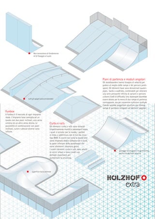 Non necessitano di fondamenta
né di fissaggio al suolo

Piani di partenza e moduli angolari

tutti gli spigoli sono arrotondati

Gli skateboarders hanno bisogno di velocità per
godere al meglio delle rampe e dei percorsi predisposti. Gli elementi base sono denominati quaterpipes, banks o wallrides, combinabili per ottenere
una serie pressoché infinita di varianti e percorsi
a diversi livelli di difficoltà. Uno skaterpark dovrebbe
essere dotato per lo meno di due rampe di partenza
contrapposte, ma per consentire esibizioni multiple
l’ideale sarebbe progettare strutture con diverse
rampe di partenza integrate ad elementi angolari.

Funbox
Il funbox è il nocciolo di ogni impianto
skate. L’impianto base somiglia ad un
tavolo con due piani inclinati, uno verso
sinistra ed un altro verso destra. Le
possibilità di combinazione con piani
inclinati, curve e altezze diverse sono
infinite.

e

Curbs e rails
Gli elementi curbs e rails sono ostacoli
(rispettivamente muretti e passamani) sopra
i quali si scivola con la tavola, i pattini
in linea o addirittura con le bici da cross
tipo BMX. Si scorre con tutta la tavola (che
viene chiamata slide) o soltanto con il truck,
la parte inferiore dello skateboard che
viene altrimenti chiamata grind.
I nostri elementi curbs e rails sono adatti
ai centri urbani e sono creati con
dettagli importanti per
aumentane la sicurezza.

passaggi senza spigoli tra gli elementi,
anche con dislivello al suolo

superficie liscia ottimale

extra

 