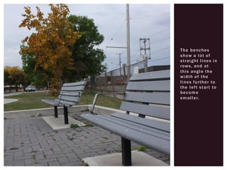 The benches
show a lot of
straight lines in
rows, and at
this angle the
width of the
lines further to
the left start to
become
smaller.
 