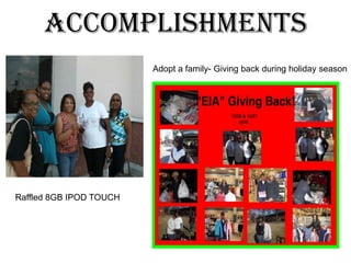 Upcoming Events 2011Skating Party- JanuaryVolunteer Nursing Home (Deliver Valentine Cards)- FebruaryElegance in Action website contest-MarchVolunteer P.B. Young Elementary-monthlySelf Esteem Seminar- AprilRelay for Life- JuneCruise to Bermuda- October*