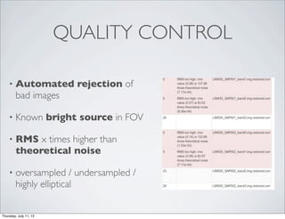 QUALITY CONTROL
• Automated rejection of
bad images
• Known bright source in FOV
• RMS x times higher than
theoretical noise
• oversampled / undersampled /
highly elliptical
Thursday, July 11, 13
 