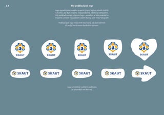 Bílý podklad pod logo
Logo vypadá jako mozaika a oproti jiným logům působí složitě.
Chceme, aby bylo snadno rozpoznatelné, čitelné a kompaktní.
Bílý podklad zamezí splynutí loga s pozadím. V této podobě ho
můžeme umístit na jakýkoliv odstín barvy, vzor nebo fotografii.
Podklad pod logo může mít tisíc tvarů, od abstraktních
až po ty, které nesou konkrétní význam.
Logo umístěné na bílém podkladu
je výraznější než bez něj.
2.4
 