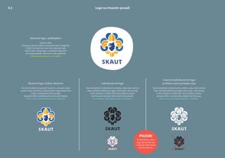 Barevné logo s bílým obrysem
Pro mírné odlišení od pozadí. Použij ho v situacích, když:
a) není nutné tolik křičet a když je kolem loga hodně místa
(např. na jednobarevném pozadí),
b) použití bílého podkladu přehnaně zvýší náklady.
Tato verze je dostupná pouze na vyžádání.
Jednobarevné logo
Slouží především k dekorativním účelům, nebo když nechceš
nebo nemůžeš překřikovat logem okolí (např. sponzoring).
U této varianty si můžeš volit různé odstíny a sytost,
ale hlava psa musí být vždy tmavší než je pozadí.
Tato verze je dostupná pouze na vyžádání.
Inverzní jednobarevné logo
se štítem pod symbolem psa
Slouží především k dekorativním účelům, nebo když nechceš
nebo nemůžeš překřikovat logem okolí (např. sponzoring).
U této varianty si můžeš volit různé odstíny a sytost,
ale barva štítu musí být vždy světlejší než hlava psa.
Tato verze je dostupná pouze na vyžádání.
Logo na tmavém pozadí
Barevné logo s podkladem
Výchozí volba.
Slouží pro výrazné odlišení od pozadí (např. fotograﬁe).
Použij ho všude tam, kde chceš, aby bylo logo
dobře vidět. Udržuj logo s rozumným odstupem
od okraje podkladu. Nemusí ho celý vyplňovat.
Volně dostupná verze ke stažení.
POZOR!
Použij takovou verzi
loga, aby symbol psa
v logu byl vždy tmavší
než štít pod ním.
3.3
 