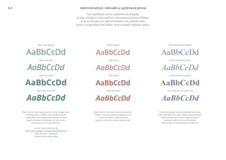 AaBbCcDd
AaBbCcDd
AaBbCcDd
AaBbCcDd
AaBbCcDd
AaBbCcDd
AaBbCcDd
AaBbCcDd
AaBbCcDd
AaBbCcDd
AaBbCcDd
AaBbCcDd
Times New Roman Bold
Times New Roman Regular
Times New Roman Bold Italic
Times New Roman Italic
Calibri Bold
Calibri Regular
Calibri Bold Italic
Calibri Italic
Open Sans Bold
Open Sans Regular
Open Sans Bold Italic
Open Sans Italic
Tato doplňková písma nabízíme pro případy:
a) když nemáš na svém počítači nainstalované písmo TheMix
b) že se věnuješ více administrativní, než grafické práci
(psaní v programech MS Office, správa webové aplikace apod.)
Pokud připravuješ reprezentativnější dokument
nebo sázíš delší text (např. článek nebo publikaci),
můžeš použít písmo Times nebo jiné písmo
s patkami (odborně se jim říká serify).
Obecně platí, že serifové písmo se lépe čte.
Calibri je široce dostupné systémové písmo.
Můžeš s ním psát pohotově jakýkoliv text
a vyřizovat běžnou administrativu
(dopisy, prezentace, právní dokumenty).
Open Sans je volně dostupný font z řady Google Fonts.
Doplňuje písmo TheMix, proto skvěle poslouží
v popiskách a technických poznámkách ve všech
typech dokumentů (příkladem je tento text).
Je dostupný i ve formě webfontu.
Font si můžeš stáhnout zde
https://fonts.google.com/specimen/Open+Sans
Select this font > Download
(červená šipka směrem dolů)
Administrativní, náhradní a systémová písma6.2
 
