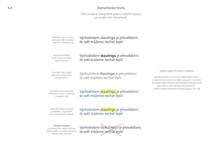 Východiskem skautingu je přesvědčení,
že svět můžeme nechat lepší.
Východiskem skautingu je přesvědčení,
že svět můžeme nechat lepší.
Východiskem skautingu je přesvědčení,
že svět můžeme nechat lepší.
Východiskem SKAUTINGU je přesvědčení,
že svět můžeme nechat lepší.
Východiskem skautingu je přesvědčení,
že svět můžeme nechat lepší.
Východiskem skautingu je přesvědčení,
že svět můžeme nechat lepší.
Před začátkem typografické práce si vyberte způsob,
jak budete text zvýrazňovat.
Zvýrazňování textu
Zvýraznění textu sytější
odstínem barvy je velmi
jemným řešení.
Zvýraznění textu kurzívou.
Je neúspornější variantou,
zbytečně nezvětšuje text
Zvýraznění silnějším
řezem písma je hodně
výrazná varianta
Zvýraznění textu barevným
podkladem ve tvaru obdélníku
s kulatými rohy
Zvýraznění textu barevným
podkladem v organickém
tvaru je netradičním řešením.
Nedoporučujeme
zvýrazňovat text velkým písmeny,
pokud nejde o zavedené označení,
zkratku nebo akronym
„Nezvýrazňujte více než 10 % viditelného návrhu;
s rostoucím procentem se efekt zvýraznění zeslabuje.
Používejte malé množství zvýrazňovacích technik, které
používejte v celém designu konzistentně.“
Citace z knihy Univerzální principy designu, str. 126
Dobrá rada při práci s textem
6.4
 