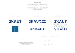SKAUT.CZ
#SKAUT
Slovní značka
Slovní značka je speciálním grafickým označením
skautské organizace, které nabízíme pro typografické
ilustrace, dekorace, internetové odkazy a pro situace,
kdy by celé logo bylo příliš malé a nečitelné
(míň než 100 mm šířky).
Jak si můžeš rychle vytvořit slovní značku:
a) vyjmi textovou část z loga
b) napiš text v písmu SKAUT Bold
c) použij zdrojové soubory
Můžeš ji použít v různých barvách a kompozicích.
Limitem je pouze velikost písma, které nesmí
překročit hranici čitelnosti.
Velikost písma SKAUT BoldŠířka slovní značky
8 b
7 b
6 b
5 b
9,5 mm
8,3 mm
7 mm
5,9 mm
Slovní značka jako typograﬁcká ilustrace
nebo dekorativní graﬁcký prvek
Slovní značka jako stencil.
Lehce z ní vyrobíš šablonu pro sprejování.
Slovní značka jako odkaz
na webové stránky nebo hashtag.
SKAUT
SKAUT
SKAUT
SKAUT
6.7
 