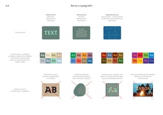 TÁBOR
Barvy a typograﬁe
Kombinovat text s pozadím nebo
tapetou v takových odstínech barev ,
které by snižovaly jeho čitelnost
Používat průhledný text přes fotograﬁi.
Výjimkou je vodoznak jako
ochranný prvek.
Text na pozadí
Kombinuj barvy s ohledem
na médium, obsah a formu sdělení.
Texty ke čtení potřebují vyšší
kontrast, než graﬁcká úprava
velkých titulků
Nedoporučované
způsoby práce s typograﬁí
Nejmenší kontrast
Text jako dekor – snížená čitelnost
Kombinování odstínů jedné barvy
Velká plocha
Malý kontrast
Málo textu,
Velká písmena
Velká plocha
Text
Větší kontrast
Více textu
Menší písmena,
Menší plocha
Používat černou barvu
v titulcích s výjimkou tisku
na čb tiskárně
Nechat text přecházet
přes okraj plochy, když je ve
velkém kontrastu s pozadím
AB
Ihin intese
estium moerunu
licasdam o esilic vivivite
itili sedentilis, quam
macidela nessilicas conos,
quitam tam ad conesti
enare, quis etiusquam
Ihin intese
estium moerunu
licasdam o esilic vivivite
itili sedentilis, quam
macidela nessilicas conos,
quitam tam ad conesti
enare, quis etiusquam
8.8
 