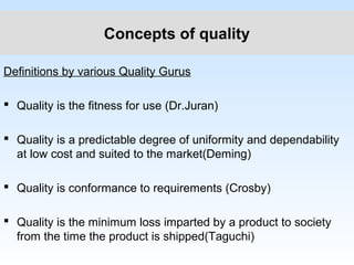 Concepts of quality
Definitions by various Quality Gurus
 Quality is the fitness for use (Dr.Juran)
 Quality is a predictable degree of uniformity and dependability
at low cost and suited to the market(Deming)
 Quality is conformance to requirements (Crosby)
 Quality is the minimum loss imparted by a product to society
from the time the product is shipped(Taguchi)
 