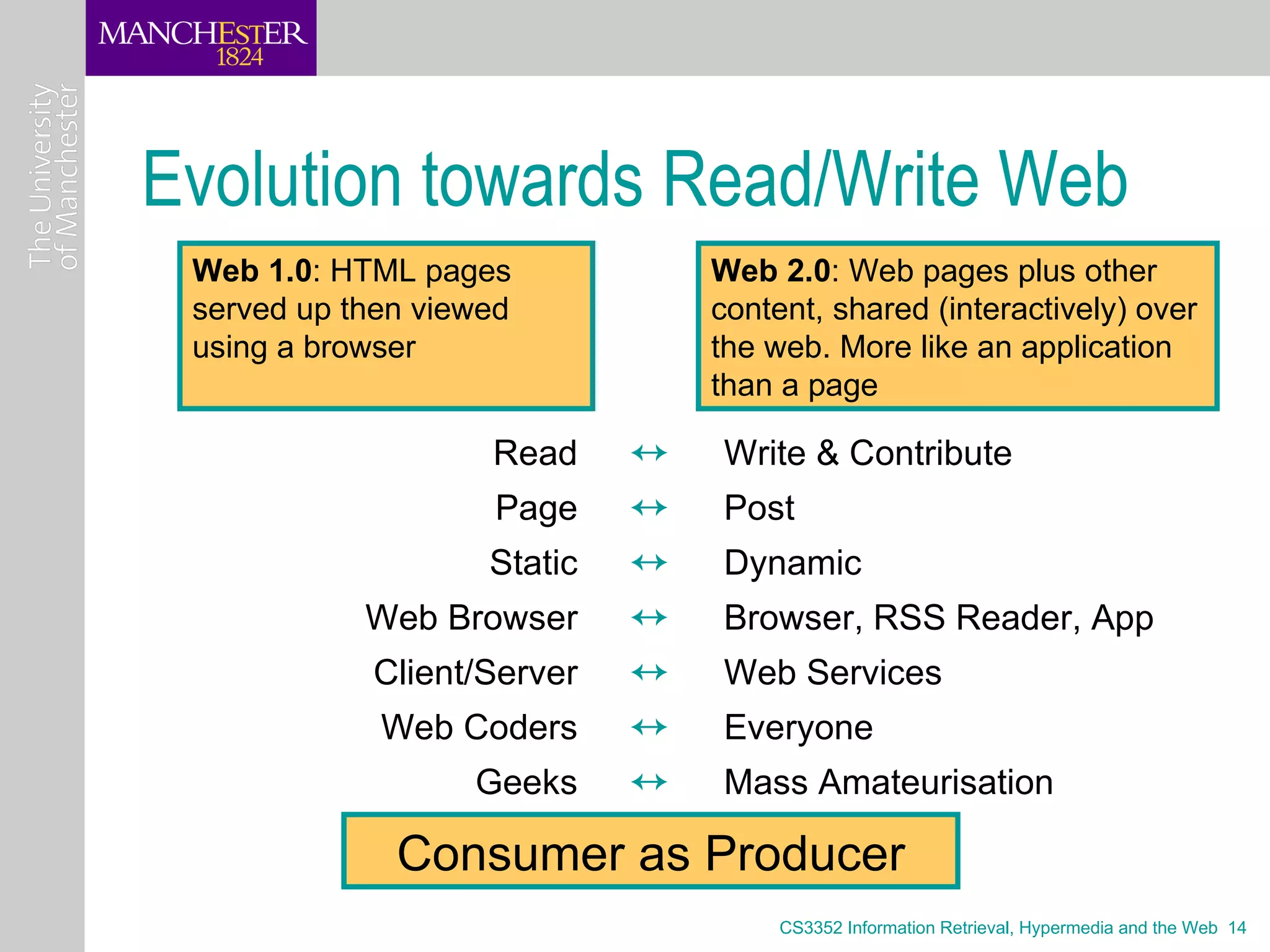 Evolution towards Read/Write Web
 Web 1.0: HTML pages             Web 2.0: Web pages plus other
 served up then viewed           content, shared (interactively) over
 using a browser                 the web. More like an application
                                 than a page

                    Read     £   Write & Contribute
                    Page     £   Post
                    Static   £   Dynamic
            Web Browser      £   Browser, RSS Reader, App
            Client/Server    £   Web Services
             Web Coders      £   Everyone
                   Geeks     £   Mass Amateurisation

              Consumer as Producer
                                      CS3352 Information Retrieval, Hypermedia and the Web 14
 