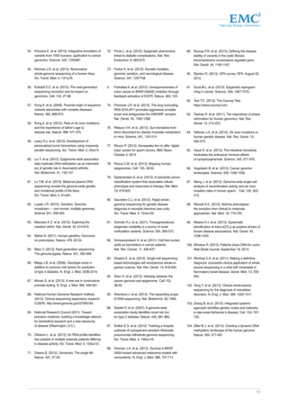 Партнер Фонда «Сколково» 
51 
54. Khurana E. et al. (2013). Integrative annotation of 
variants from 1092 humans: application to cancer 
genomics. Science. 342, 1235587. 
55. Kitzman J.O. et al. (2012). Noninvasive 
whole-genome sequencing of a human fetus. 
Sci. Transl. Med. 4, 137ra76. 
56. Koboldt D.C. et al. (2013). The next-generation 
sequencing revolution and its impact on 
genomics. Cell. 155, 27-38. 
57. Kong A. et al. (2009). Parental origin of sequence 
variants associated with complex diseases. 
Nature. 462, 868-874. 
58. Kong A. et al. (2012). Rate of de novo mutations 
and the importance of father’s age to 
disease risk. Nature. 488, 471-475. 
59. Leary R.J. et al. (2010). Development of 
personalized tumor biomarkers using massively 
parallel sequencing. Sci. Transl. Med. 2, 20ra14. 
60. Liu Y. et al. (2013). Epigenome wide association 
data implicate DNA methylation as an intermedi-ary 
of genetic risk in rheumatoid arthritis. 
Nat. Biotechnol. 31, 142-147. 
61. Lo Y.M. et al. (2010). Maternal plasma DNA 
sequencing reveals the genome-wide genetic 
and mutational profile of the fetus. 
Sci. Transl. Med. 2, 61ra91. 
62. Lupski J.R. (2013). Genetics. Genome 
mosaicism — one human, multiple genomes. 
Science 341, 358-359. 
63. Macosko E.Z. et al. (2012). Exploring the 
variation within. Nat. Genet. 44, 614-616. 
64. Maher B. (2011). Human genetics: Genomes 
on prescription. Nature. 478, 22-24. 
65. Marx V. (2013). Next-generation sequencing: 
The genome jigsaw. Nature. 501, 263-268. 
66. Meigs J.B. et al. (2008). Genotype score in 
addition to common risk factors for prediction 
of type 2 diabetes. N. Engl. J. Med. 2208-2219. 
67. Morain S. et al. (2013). A new era in noninvasive 
prenatal testing. N. Engl. J. Med. 369, 499-501. 
68. National Human Genome Research Institute. 
(2013). Clinical sequencing exploratory research 
(CSER). http://www.genome.gov/27546194. 
69. National Research Council (2011). Toward 
precision medicine: building a knowledge network 
for biomedical research and a new taxonomy 
of disease (Washington, D.C.). 
70. Ottoboni L. et al. (2012). An RNA profile identifies 
two subsets of multiple sclerosis patients differing 
in disease activity. Sci. Transl. Med. 4, 153ra131. 
71. Owens B. (2012). Genomics: The single life. 
Nature. 491, 27-29. 
72. Pirola L. et al. (2010). Epigenetic phenomena 
linked to diabetic complications. Nat. Rev. 
Endocrinol. 6, 665-675. 
73. Poduri A. et al. (2013). Somatic mutation, 
genomic variation, and neurological disease. 
Science. 341, 1237758. 
4. Prahallad A. et al. (2012). Unresponsiveness of 
colon cancer to BRAF(V600E) inhibition through 
feedback activation of EGFR. Nature. 483, 103. 
75. Prensner J.R. et al. (2013). The long noncoding 
RNA SChLAP1 promotes aggressive prostate 
ancer and antagonizes the SWI/SNF complex. 
Nat. Genet. 45, 1392-1398. 
76. Ridaura V.K. et al. (2013). Gut microbiota from 
twins discordant for obesity modulate metabolism 
in mice. Science. 341, 1241214. 
77. Rincon P. (2013). Genepeeks firm to offer ‘digital 
baby’ screen for sperm donors. BBC News, 
October 4, 2014. 
78. Rivera C.M. et al. (2013). Mapping human 
epigenomes. Cell. 155, 39-55. 
79. Sadanandam A. et al. (2013). A colorectal cancer 
classification system that associates cellular 
phenotype and responses to therapy. Nat. Med. 
19, 619-625. 
80. Saunders C.J. et al. (2012). Rapid whole-genome 
sequencing for genetic disease 
diagnosis in neonatal intensive care units. 
Sci. Transl. Med. 4, 154ra135. 
81. Schmitz R.J. et al. (2011). Transgenerational 
epigenetic instability is a source of novel 
methylation variants. Science. 334, 369-373. 
82. Schwarzenbach H. et al. (2011). Cell-free nucleic 
acids as biomarkers in cancer patients. 
Nat. Rev. Cancer. 11, 426-437. 
83. Shapiro E. et al. (2013). Single-cell sequencing-based 
technologies will revolutionize whole-or-ganism 
science. Nat. Rev. Genet. 14, 618-630. 
84. Shen H. et al. (2013). Interplay between the 
cancer genome and epigenome. Cell 153, 
38-55. 
85. Shendure J. et al. (2012). The expanding scope 
of DNA sequencing. Nat. Biotechnol. 30, 1084. 
86. Sladek R. et al. (2007). A genome-wide 
association study identifies novel risk loci 
for type 2 diabetes. Nature. 445, 881-885. 
87. Snitkin E.S. et al. (2012). Tracking a hospital 
outbreak of carbapenem-resistant Klebsiella 
pneumoniae withwhole-genome sequencing. 
Sci. Transl. Med. 4, 148ra116. 
88. Sosman J.A. et al. (2012). Survival in BRAF 
V600-mutant advanced melanoma treated with 
vemurafenib. N. Engl. J. Med. 366, 707-714. 
89. Sosnay P.R. et al. (2013). Defining the disease 
liability of variants in the cystic fibrosis 
transmembrane conductance regulator gene. 
Nat. Genet. 45, 1160-1167. 
90. Stanton D. (2013). GFK survey. GFK. August 22, 
2013. 
91. Suvá M.L. et al. (2013). Epigenetic reprogram 
ming in cancer. Science. 339, 1567-1570. 
92. Test T.C. (2013). The Counsyl Test. 
https://www.counsyl.com. 
93. Tewhey R. et al. (2011). The importance of phase 
information for human genomics. Nat. Rev. 
Genet. 12, 215-223. 
94. Veltman J.A. et al. (2012). De novo mutations in 
human genetic disease. Nat. Rev. Genet. 13, 
565-575. 
95. Viaud S. et al. (2013). The intestinal microbiota 
modulates the anticancer immune effects 
of cyclophosphamide. Science. 342, 971-976. 
96. Vogelstein B. et al. (2013). Cancer genome 
landscapes. Science. 339, 1546-1558. 
97. Wang J. et al. (2012). Genome-wide single-cell 
analysis of recombination activity and de novo 
mutation rates in human sperm. Cell. 150, 402- 
412. 
98. Wenzel S.E. (2012). Asthma phenotypes: 
the evolution from clinical to molecular 
approaches. Nat. Med. 18, 716-725. 
99. Westra H.J. et al. (2013). Systematic 
identification of trans eQTLs as putative drivers of 
known disease associations. Nat. Genet. 45, 
1238-1243. 
100. Winslow R. (2013). Patients share DNA for cures. 
Wall Street Journal. September 16, 2013. 
101. Worthey E.A. et al. (2011). Making a definitive 
diagnosis: successful clinical application of whole 
exome sequencing in a child with intractable in 
flammatory bowel disease. Genet. Med. 13, 255- 
262. 
102. Yang Y. et al. (2013). Clinical whole-exome 
sequencing for the diagnosis of mendelian 
disorders. N. Engl. J. Med. 369, 1502-1511. 
103. Zhang B. et al. (2013). Integrated systems 
approach identifies genetic nodes and networks 
in late-onset Alzheimer’s disease. Cell. 153, 707- 
720. 
104. Ziller M.J. et al. (2013). Charting a dynamic DNA 
methylation landscape of the human genome. 
Nature. 500, 477-481. 
 