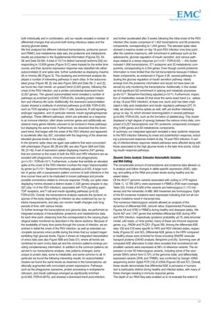 Партнер Фонда «Сколково» 
57 
both individually and in combination, and our results revealed a number of 
differential changes that occurred both during infectious states and the 
varying glucose states. 
We first analyzed the different individual transcriptome, proteome (serum 
and PBMC) and metabolome data sets; the proteome and metabolome 
results are presented in the Supplemental Information (Figures S3, S4, 
S6 and Data S3-S6). A total of 19,714 distinct transcript isoforms [55] cor-responding 
to 12,659 genes (Figure S1C) were tracked for the entire time 
course, and their dynamic expression response was classified into either 
autocorrelated (I) and spike sets, further subdivided as displaying maxima 
(II) or minima (III) (Figure 3). The clustering and enrichment analysis dis-played 
a number of interesting pathways in each class. In the autocorre-lated 
group (Figure 3B, [I]; see also Figure S6A and Data S6, [1 and 2]), 
we found two main trends: an upward trend (2,023 genes), following the 
onset of the RSV infection, and a similar coincidental downward trend 
(2,207 genes). The upward autocorrelated trend revealed a number of 
pathways as enriched (p<0.002, FDR<0.05), including protein metabo-lism 
and influenza life cycle. Additionally, the downward autocorrelation 
cluster showed a multitude of enriched pathways (p<0.008, FDR<0.05), 
such as TCR signaling in naive CD4+ T cells, lysosome, B cell signaling, 
androgen regulation, and of particular interest, insulin signaling/response 
pathways. These different pathways, which are activated as a response 
to an immune infection, often share common genes and additionally we 
observe many genes hitherto unknown to be involved in these pathways 
but displaying the same trend. Furthermore, we observed that the down-ward 
trend, that began with the onset of the RSV infection and appeared 
to accelerate after day 307, coincided with the beginning of the observed 
elevated glucose levels in the subject. 
In the dynamic spike class we again saw patterns that were concordant 
with phenotypes (Figure 3B, [II] and [III]; see also Figure S6A and Data 
S6, [3-14]). A set of expression spikes displaying maxima (547 genes), 
that are common to the onset of both the RSV and HRV infections are as-sociated 
with phagosome, immune processes and phagocytosis, 
(p<1×10-4, FDR<6×10-3). Furthermore, a cluster that exhibits an elevated 
spike at the onset of the RSV infection involves the major histocompatibil-ity 
genes (p<7×10-4, Benjamini-Hochberg adjusted p<0.03). A large num-ber 
of genes with a coexpression pattern common to both infections in the 
time course have yet to be implicated in known pathways and provide 
possible connections related to immune response. Finally, our spike class 
displaying minima showed a distinct cluster (1,535 genes) singular to day 
307 (day 14 of the RSV infection), associated with TCR signaling again, 
TGF receptors, and T cell and insulin signaling pathways (p<0.02, 
FDR<0.03). Overall, the transcriptome analysis captures the dynamic re-sponse 
of the body responding to infection as also evidenced by our cy-tokine 
measurements, and also can monitor health changes over long 
periods of time, with various trends. 
To further leverage the transcriptome and genome data, we performed an 
integrated analysis of transcriptome, proteomic and metabolomics data 
for each time point, observing how this corresponded to the varying physi-ological 
states monitored as described in the above sections. Because of 
the availability of many time points through the course of infection, we ex-amined 
in detail the onset of the RSV infection, as well as extended our 
complete dynamics omics profile during the times that our subject began 
exhibiting high glucose levels. Figure 4 shows an integrated interpretation 
of omics data (see also Figure S6B and Data S7), where all trends are 
combined for each omics data set and the common patterns emerge pro-viding 
complementary information. In addition to the common patterns ob-served 
in our transcriptome analysis, new patterns emerged, some 
unique to protein data, some to metabolite, and some common to all. In 
particular we found the following interesting results: for autocorrelated 
clusters we found the same trends as observed in the transcriptome, ad-ditionally 
augmented with concordant protein expressions. Pathways 
such as the phagosome, lysosome, protein processing in endoplasmic 
reticulum, and insulin pathways emerged as significantly enriched 
(p<0.002, FDR<0.0075), and showed a downward trend post-infection, 
and further accelerated after 3 weeks following the initial onset of the RSV 
infection (this cluster comprised of 1,452 transcriptomic and 69 proteomic 
components, corresponding to 1,444 genes). The elevated spike class 
showed a maxima cluster on day 18 post RSV infection (one time point 
after the cytokine maximum), with enrichment in pathways such as the 
spliceosome, glucose regulation of insulin secretion, and various path-ways 
related to a stress response (p<1×10-4, FDR<0.02) — this cluster 
included 1,956 transcriptomic, 571 proteomic and 23 metabolomic com-ponents, 
corresponding to 2,344 genes. Even though current proteomic 
information is more limited than the full transcriptome because it follows 
fewer components, as evidenced in Figure 4 (II), several pathways, in-cluding 
the glucose regulation of insulin secretion pathway, clearly 
emerge from the proteomic information and would not have been ob-served 
by only monitoring the transcriptome. Additionally, in this cluster 
we find significant GO enrichment in splicing and metabolic processes 
(p<6×10-47, Benjamini-Hochberg adjusted p<10-45). Furthermore, inspec-tion 
of metabolites reveals 23 that show the same exact trend (i.e., spikes 
at day 18 post RSV infection); at least one, lauric acid has been impli-cated 
in fatty acid metabolism and insulin regulatory pathways [27]. Fi-nally, 
we observe minima spikes as well, with yet another interesting 
group on day 18, which showed downregulation in several pathways 
(p<0.003, FDR<0.05), such as the formation of platelet plug. This cluster 
displayed a high degree of synergy between the various omics data, com-prised 
of 3,237 transcriptomic and 761 proteomic components correspon-ding 
3,400 genes and 83 metabolomic components. 
In summary, our integrated approach revealed a clear systemic response 
to the RSV infection following its onset and postinfection response, includ-ing 
a pronounced response evident at day 18 post RSV infection. A vari-ety 
of infection/stress response related pathways were affected along with 
those associated to the high glucose levels in the later time points, includ-ing 
insulin response pathways. 
Dynamic Omics Analysis: Extensive Heteroallelic Variation 
and RNA Editing 
The considerable amount of transcriptome and proteome data allowed us 
to analyze and follow changes in allele-specific expression (ASE), splic-ing, 
and editing at the RNA and protein levels during healthy and dis-eased 
states. 
Of the 49,017 genomic variants associated with coding or UTR regions 
(Table 1), 12,785 (26%) were expressed in PBMCs (R40 read coverage; 
Table S3). A total of 8,509 of the variants are heterozygous (1,113 mis-sense) 
and the remainder (4,686; 684 missense) are homozygous. Eight 
of the 83 nonsense mutations were expressed indicating that not all non-sense 
mutations result in transcript loss. 
The numerous heterozygous variants allowed an analysis of the 
dynamics of differential ASE, (shrunk ratios, Experimental Procedures; 
Figures 5A and S7B) in PBMCs during healthy and diseased states. We 
found 497 and 1,047 genes that exhibited differential ASE during HRV 
and RSV infection, respectively (posterior probability ≥0.75, beta-binomial 
model; ≥40 reads, ≥7 time points); many of these are immune response 
genes, e.g., PADI4 and PLOD1 (Figure 5B). Among the differential ASE 
sites 100 and 218 were specific to HRV and RSV infected states, respec-tively 
(Figures 5C and 5D). Differential ASE genes in the HRV compared 
to healthy phase were enriched for those encoding SNARE vesicular 
transport proteins (DAVID analysis; Benjamini p<0.05). Summing over all 
computed ASE alternative to total ratios revealed that nonreference het-eroallelic 
variants were expressed at 98% of reference variants. The ex-pression 
of over 50 heterozygous variants, including some of the rare/ 
private SNVs (which form 0.72% of the genomic total), and differentially 
expressed variants (SVIL and TRIM5), was confirmed by Sanger cDNA 
sequencing and/or digital PCR [19] of cDNA (Figures 5B and S7). Overall, 
these results demonstrate that differential ASE is pervasive in humans 
and is particularly distinct during healthy and infected states, with many of 
these changes residing in immune response genes. 
The depth of our RNA-Seq data enabled us to re-evaluate the extent of 
 