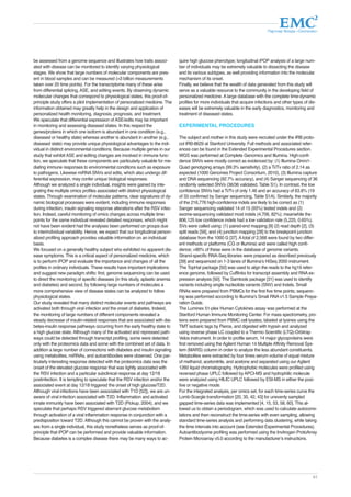 Партнер Фонда «Сколково» 
61 
be assessed from a genome sequence and illustrates how traits associ-ated 
with disease can be monitored to identify varying physiological 
stages. We show that large numbers of molecular components are pres-ent 
in blood samples and can be measured (>3 billion measurements 
taken over 20 time points). For the transcriptome many of these arise 
from differential splicing, ASE, and editing events. By observing dynamic 
molecular changes that correspond to physiological states, this proof-of-principle 
study offers a pilot implementation of personalized medicine. The 
information obtained may greatly help in the design and application of 
personalized health monitoring, diagnosis, prognosis, and treatment. 
We speculate that differential expression of ASE/edits may be important 
in monitoring and assessing diseased states. In this respect the 
genes/proteins in which one isoform is abundant in one condition (e.g., 
diseased or healthy state) whereas another is abundant in another (e.g., 
diseased state) may provide unique physiological advantages to the indi-vidual 
in distinct environmental conditions. Because multiple genes in our 
study that exhibit ASE and editing changes are involved in immune func-tion, 
we speculate that these components are particularly valuable for me-diating 
immune responses to environmental conditions such as exposure 
to pathogens. Likewise miRNA SNVs and edits, which also undergo dif-ferential 
expression, may confer unique biological responses. 
Although we analyzed a single individual, insights were gained by inte-grating 
the multiple omics profiles associated with distinct physiological 
states. Through examination of molecular patterns, clear signatures of dy-namic 
biological processes were evident, including immune responses 
during infection, insulin signaling response alterations after the RSV infec-tion. 
Indeed, careful monitoring of omics changes across multiple time 
points for the same individual revealed detailed responses, which might 
not have been evident had the analyses been performed on groups due 
to interindividual variability. Hence, we expect that our longitudinal person-alized 
profiling approach provides valuable information on an individual 
basis. 
We focused on a generally healthy subject who exhibited no apparent dis-ease 
symptoms. This is a critical aspect of personalized medicine, which 
is to perform iPOP and evaluate the importance and changes of all the 
profiles in ordinary individuals. These results have important implications 
and suggest new paradigm shifts: first, genome sequencing can be used 
to direct the monitoring of specific diseases (in this study, aplastic anemia 
and diabetes) and second, by following large numbers of molecules a 
more comprehensive view of disease states can be analyzed to follow 
physiological states. 
Our study revealed that many distinct molecular events and pathways are 
activated both through viral infection and the onset of diabetes. Indeed, 
the monitoring of large numbers of different components revealed a 
steady decrease of insulin-related responses that are associated with dia-betes- 
insulin response pathways occurring from the early healthy state to 
a high glucose state. Although many of the activated and repressed path-ways 
could be detected through transcript profiling, some were detected 
only with the proteomics data and some with the combined set of data. In 
addition a large number of connections with diabetes and insulin signaling 
using metabolites, miRNAs, and autoantibodies were observed. One par-ticularly 
interesting response detected with the proteomics data was the 
onset of the elevated glucose response that was tightly associated with 
the RSV infection and a particular subclinical response at day 12/18 
postinfection. It is tempting to speculate that the RSV infection and/or the 
associated event at day 12/18 triggered the onset of high glucose/T2D. 
Although viral infections have been associated with T1D [52]), we are un-aware 
of viral infection associated with T2D. Inflammation and activated 
innate immunity have been associated with T2D (Pickup, 2004), and we 
speculate that perhaps RSV triggered aberrant glucose metabolism 
through activation of a viral inflammation response in conjunction with a 
predisposition toward T2D. Although this cannot be proven with the analy-ses 
from a single individual, this study nonetheless serves as proof-of-principle 
that iPOP can be performed and provide valuable information. 
Because diabetes is a complex disease there may be many ways to ac-quire 
high glucose phenotype; longitudinal iPOP analysis of a large num-ber 
of individuals may be extremely valuable to dissecting the disease 
and its various subtypes, as well providing information into the molecular 
mechanism of its onset. 
Finally, we believe that the wealth of data generated from this study will 
serve as a valuable resource to the community in the developing field of 
personalized medicine. A large database with the complete time-dynamic 
profiles for more individuals that acquire infections and other types of dis-eases 
will be extremely valuable in the early diagnostics, monitoring and 
treatment of diseased states. 
EXPERIMENTAL PROCEDURES 
The subject and mother in this study were recruited under the IRB proto-col 
IRB-8629 at Stanford University. Full methods and associated refer-ences 
can be found in the Extended Experimental Procedures section. 
WGS was performed at Complete Genomics and Illumina. High-confi-dence 
SNVs were mostly correct as evidenced by: (1) Illumina Omni1- 
Quad genotyping arrays (99.3% sensitivity), (2) a Ti/Tv ratio of 2.14 as 
expected (1000 Genomes Project Consortium, 2010), (3) Illumina capture 
and DNA sequencing (92.7% accuracy), and (4) Sanger sequencing of 36 
randomly selected SNVs (36/36 validated, Table S1). In contrast, the low 
confidence SNVs had a Ti/Tv of only 1.46 and an accuracy of 63.8% (19 
of 33 confirmed by Sanger sequencing, Table S1A). Similarly, the majority 
of the 216,776 high-confidence indels are likely to be correct as (1) 
Sanger sequencing validated 14 of 15 (93%) tested indels and (2) 
exome-sequencing validated most indels (4,706, 82%); meanwhile the 
806,125 low confidence indels had a low validation rate (5,225, 0.65%). 
SVs were called using: (1) paired-end mapping [9] (2) read depth [2], (3) 
split reads [59], and (4) junction mapping [28] to the breakpoint junction 
database from the 1000 G [37]. A total of 2,566 were found by two differ-ent 
methods or platforms (CG or Illumina) and were called high confi-dence; 
>90% of these were in the database of genome variants. 
Strand-specific RNA-Seq libraries were prepared as described previously 
[39] and sequenced on 1-3 lanes of Illumina’s HiSeq 2000 instrument. 
The TopHat package [50] was used to align the reads to the hg19 refer-ence 
genome, followed by Cufflinks for transcript assembly and RNA ex-pression 
analysis [50]. The Samtools package [31] was used to identify 
variants including single nucleotide variants (SNV) and Indels. Small 
RNAs were prepared from PBMCs for the first five time points; sequenc-ing 
was performed according to Illumina’s Small RNA v1.5 Sample Prepa-ration 
Guide. 
The Luminex 51-plex Human Cytokines assay was performed at the 
Stanford Human Immune Monitoring Center. For mass spectrometry, pro-teins 
were prepared from PBMC cell lysates, labeled at lysines using the 
TMT isobaric tags by Pierce, and digested with trypsin and analyzed 
using reverse phase LC coupled to a Thermo Scientific (LTQ)-Orbitrap 
Velos instrument. In order to profile serum, 14 major glycoproteins were 
first removed using the Agilent Human 14 Multiple Affinity Removal Sys-tem 
(MARS) column in order to analyze the less abundant constituents. 
Metabolites were extracted by four times serum volume of equal mixture 
of methanol, acetonitrile, and acetone and separated using our Agilent 
1260 liquid chromatography. Hydrophobic molecules were profiled using 
reversed phase UPLC followed by APCI-MS and hydrophilic molecule 
were analyzed using HILIC UPLC followed by ESI-MS in either the posi-tive 
or negative mode. 
For the integrated analysis, per omics set, for each time-series curve the 
Lomb-Scargle transformation [20, 35, 42, 43] for unevenly sampled 
gapped time-series data was implemented [4, 15, 53, 58, 60]. This al-lowed 
us to obtain a periodogram, which was used to calculate autocorre-lations 
and then reconstruct the time-series with even sampling, allowing 
standard time-series analysis and performing data clustering, while taking 
the time intervals into account (see Extended Experimental Procedures). 
Autoantibodyome profiling was performed using the Invitrogen ProtoArray 
Protein Microarray v5.0 according to the manufacturer’s instructions. 
 