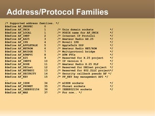 /* Supported address families. */
#define AF_UNSPEC 0
#define AF_UNIX 1 /* Unix domain sockets */
#define AF_LOCAL 1 /* POSIX name for AF_UNIX */
#define AF_INET 2 /* Internet IP Protocol */
#define AF_AX25 3 /* Amateur Radio AX.25 */
#define AF_IPX 4 /* Novell IPX */
#define AF_APPLETALK 5 /* AppleTalk DDP */
#define AF_NETROM 6 /* Amateur Radio NET/ROM */
#define AF_BRIDGE 7 /* Multiprotocol bridge */
#define AF_ATMPVC 8 /* ATM PVCs */
#define AF_X25 9 /* Reserved for X.25 project */
#define AF_INET6 10 /* IP version 6 */
#define AF_ROSE 11 /* Amateur Radio X.25 PLP */
#define AF_DECnet 12 /* Reserved for DECnet project */
#define AF_NETBEUI 13 /* Reserved for 802.2LLC project*/
#define AF_SECURITY 14 /* Security callback pseudo AF */
#define AF_KEY 15 /* PF_KEY key management API */
..
#define AF_ISDN 34 /* mISDN sockets */
#define AF_PHONET 35 /* Phonet sockets */
#define AF_IEEE802154 36 /* IEEE802154 sockets */
#define AF_MAX 37 /* For now.. */
Address/Protocol Families
 