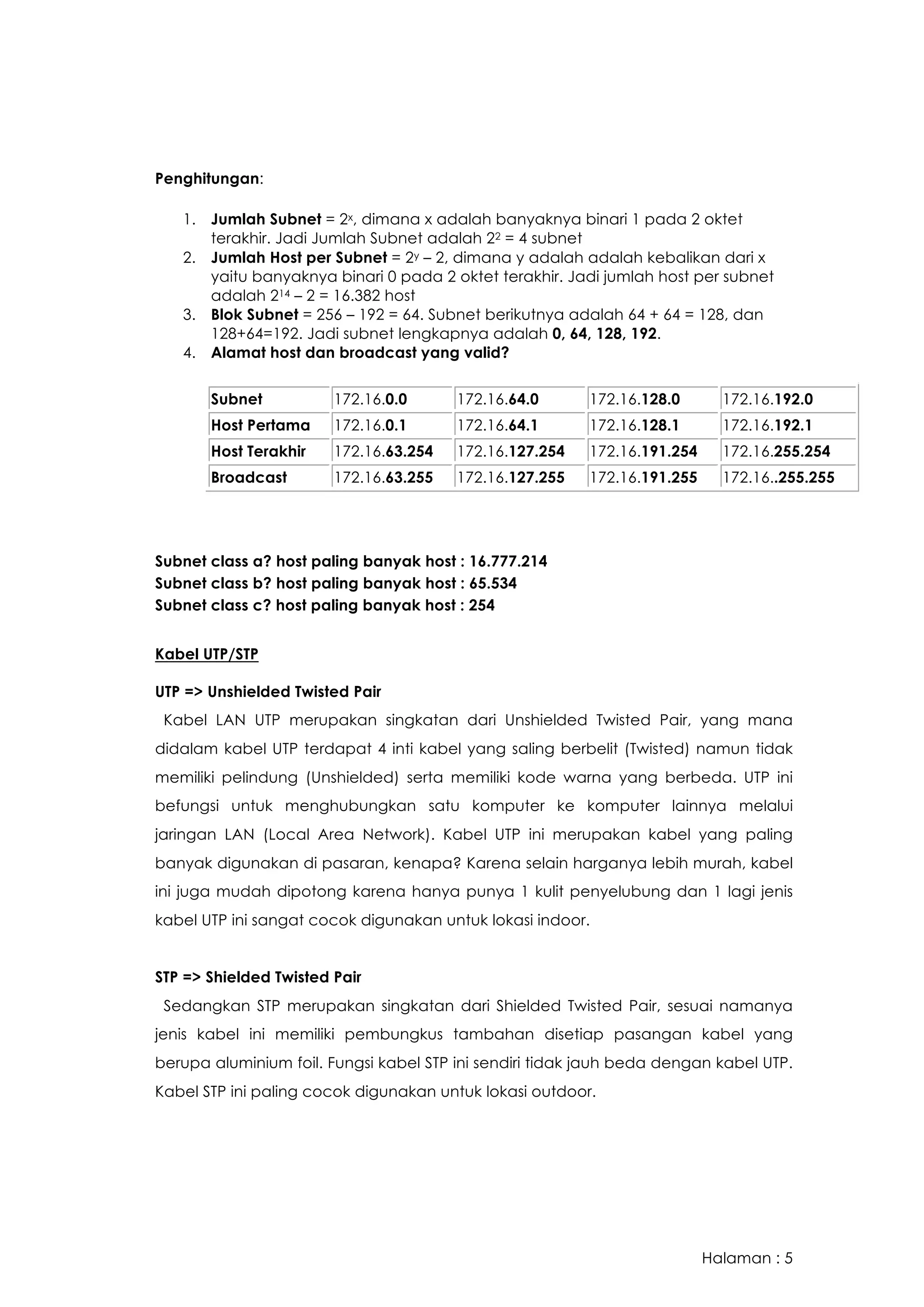 Halaman : 5
Penghitungan:
1. Jumlah Subnet = 2x, dimana x adalah banyaknya binari 1 pada 2 oktet
terakhir. Jadi Jumlah Subnet adalah 22 = 4 subnet
2. Jumlah Host per Subnet = 2y – 2, dimana y adalah adalah kebalikan dari x
yaitu banyaknya binari 0 pada 2 oktet terakhir. Jadi jumlah host per subnet
adalah 214 – 2 = 16.382 host
3. Blok Subnet = 256 – 192 = 64. Subnet berikutnya adalah 64 + 64 = 128, dan
128+64=192. Jadi subnet lengkapnya adalah 0, 64, 128, 192.
4. Alamat host dan broadcast yang valid?
Subnet 172.16.0.0 172.16.64.0 172.16.128.0 172.16.192.0
Host Pertama 172.16.0.1 172.16.64.1 172.16.128.1 172.16.192.1
Host Terakhir 172.16.63.254 172.16.127.254 172.16.191.254 172.16.255.254
Broadcast 172.16.63.255 172.16.127.255 172.16.191.255 172.16..255.255
Subnet class a? host paling banyak host : 16.777.214
Subnet class b? host paling banyak host : 65.534
Subnet class c? host paling banyak host : 254
Kabel UTP/STP
UTP => Unshielded Twisted Pair
Kabel LAN UTP merupakan singkatan dari Unshielded Twisted Pair, yang mana
didalam kabel UTP terdapat 4 inti kabel yang saling berbelit (Twisted) namun tidak
memiliki pelindung (Unshielded) serta memiliki kode warna yang berbeda. UTP ini
befungsi untuk menghubungkan satu komputer ke komputer lainnya melalui
jaringan LAN (Local Area Network). Kabel UTP ini merupakan kabel yang paling
banyak digunakan di pasaran, kenapa? Karena selain harganya lebih murah, kabel
ini juga mudah dipotong karena hanya punya 1 kulit penyelubung dan 1 lagi jenis
kabel UTP ini sangat cocok digunakan untuk lokasi indoor.
STP => Shielded Twisted Pair
Sedangkan STP merupakan singkatan dari Shielded Twisted Pair, sesuai namanya
jenis kabel ini memiliki pembungkus tambahan disetiap pasangan kabel yang
berupa aluminium foil. Fungsi kabel STP ini sendiri tidak jauh beda dengan kabel UTP.
Kabel STP ini paling cocok digunakan untuk lokasi outdoor.
 
