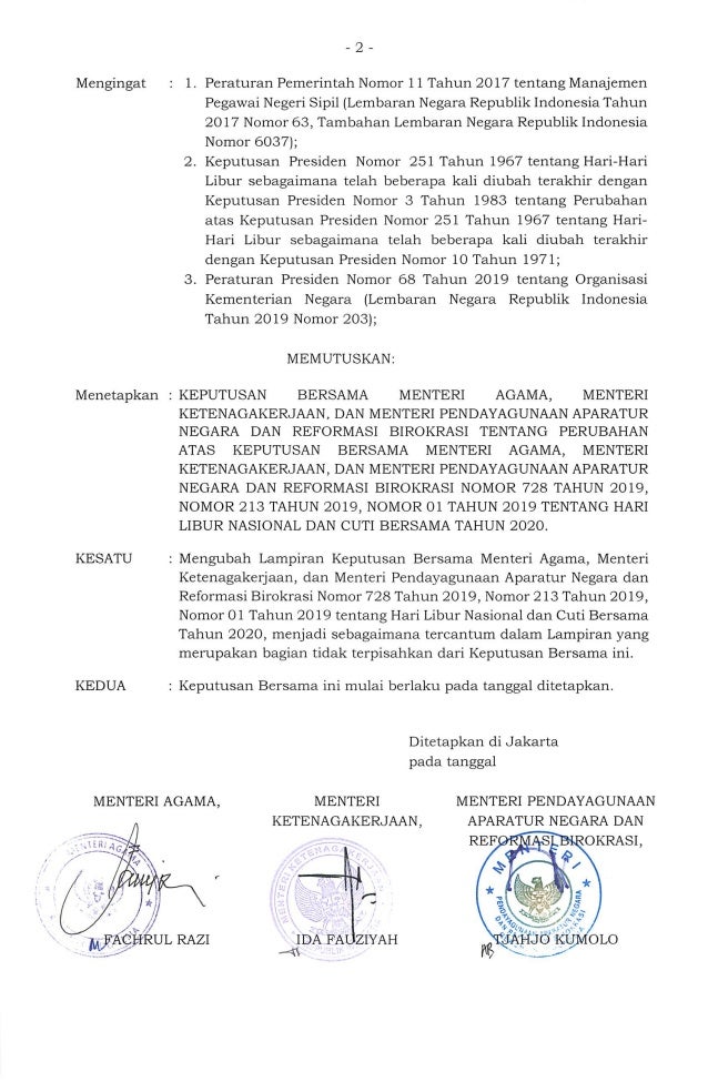 Skb Revisi Keempat Libur Nasional 2020