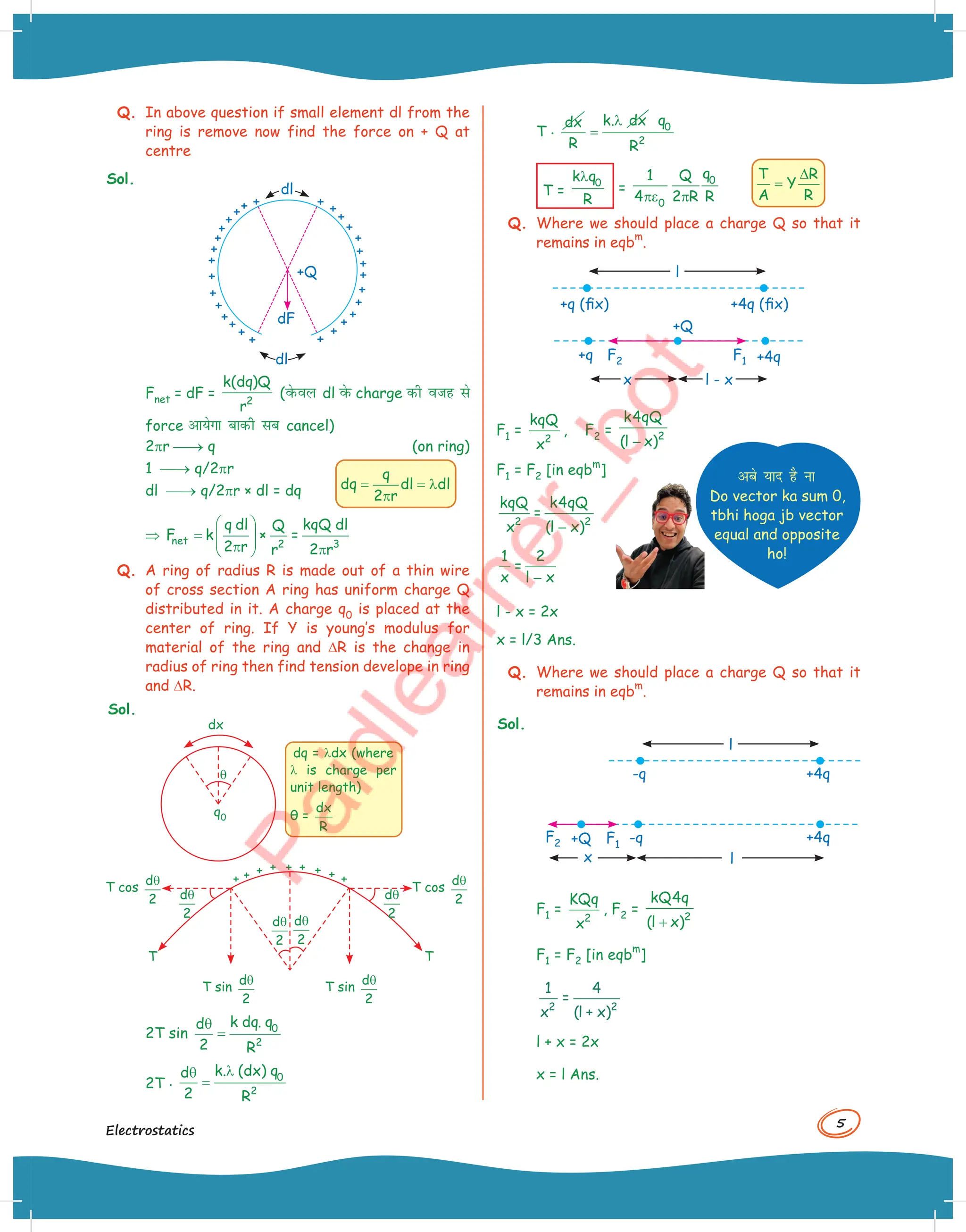 5
Electrostatics
Q. In above question if small element dl from the
ring is remove now find the force on + Q at
centre
Sol.
+
+
+
+
+
+
+
+
+
+
+
+
+
+
+
+
+
+
+
+
+
+
+
+
+
+
+
+
+
+Q
dF
dl
dl
Fnet = dF = 2
k(dq)Q
r
(osQoy dl osQ charge dh otg ls
force vk;sxk ckdh lc cancel)
2pr → q (on ring)
1 → q/2pr
dl → q/2pr × dl = dq
⇒ net 2 3
q dl kqQ dl
Q
F k × =
2 r r 2 r
 
=  
 
π π
 
Q. A ring of radius R is made out of a thin wire
of cross section A ring has uniform charge Q
distributed in it. A charge q0 is placed at the
center of ring. If Y is young’s modulus for
material of the ring and DR is the change in
radius of ring then find tension develope in ring
and DR.
Sol.
dx
q
dq = ldx (where
l is charge per
unit length)
θ =
dx
R
d
2
θ d
2
θ
d
2
θ d
2
θ
T sin
d
2
θ
T cos
d
2
θ
T cos
d
2
θ
T T
T sin
d
2
θ
q0
2T sin 0
2
k dq. q
d
2 R
θ
=
2T . 0
2
k. (dx) q
d
2 R
λ
θ
=
q
dq dl dl
2 r
= = λ
π
T . dx k. dx
R
λ
= 0
2
q
R
T =
0
k q
R
λ
=
0
0
q
1 Q
4 2 R R
πε π
T R
Y
A R
∆
=
Q. Where we should place a charge Q so that it
remains in eqb
m
.
+q (fix) +4q (fix)
l
+q F2 F1 +4q
x
+Q
l - x
F1 =
2
kqQ
x
, F2 = 2
k4qQ
(l x)
−
F1 = F2 [in eqb
m
]
2 2
kqQ k4qQ
=
x (l x)
−
1 2
=
x l x
−
l - x = 2x
x = l/3 Ans.
Q. Where we should place a charge Q so that it
remains in eqb
m
.
Sol.
-q
F2 F1
+4q
x
+Q
l
-q +4q
l
F1 =
2
KQq
x
, F2 =
+ 2
kQ4q
(l x)
F1 = F2 [in eqb
m
]
1 4
2 2
x l x
=
+
( )
l + x = 2x
x = l Ans.
vcs ;kn gS uk
Do vector ka sum 0,
tbhi hoga jb vector
equal and opposite
ho!
 