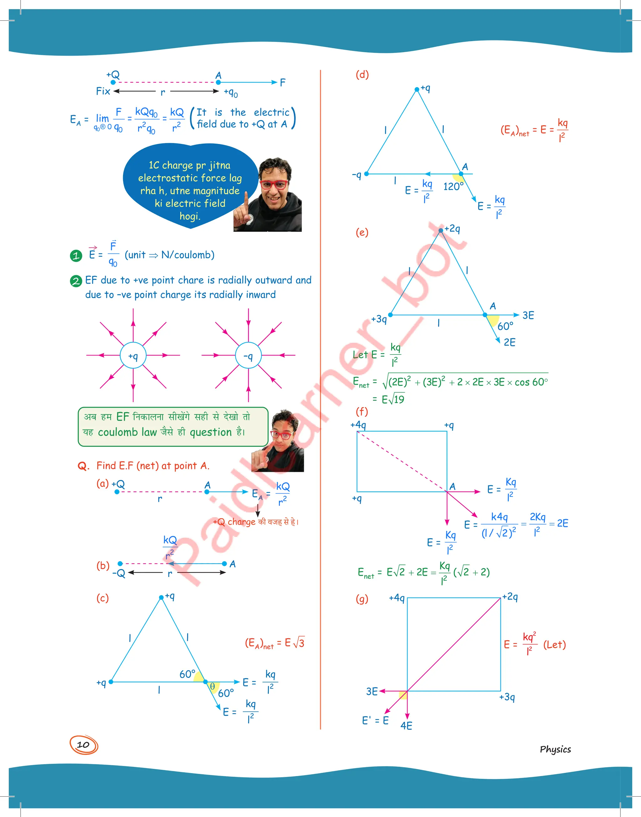 10
Physics
+Q
Fix +q0
F
r
A
EA =
0
0
2 2
q 0 0 0
kQq
F kQ
lim = =
q r q r
®
It is the electric
field due to +Q at A
1C charge pr jitna
electrostatic force lag
rha h, utne magnitude
ki electric field
hogi.
1
→
E =
0
F
q

(unit ⇒ N/coulomb)
2 EF due to +ve point chare is radially outward and
due to –ve point charge its radially inward
+q –q
vc ge EF fudkyuk lh[ksaxs lgh ls ns[kks rks
;g coulomb law tSls gh question gSA
Q. Find E.F (net) at point A.
(a) +Q
r
A
+Q charge -ी )जह स( ह(।
EA = 2
kQ
r
(b)
–Q
A
r
2
kQ
r
(c)
(EA)net = E 3
60°
q
60°
l
l
l
+q
+q E =
kq
l
2
E =
kq
l
2
(d)
120°
l
l
l
+q
–q
A
E =
2
kq
l
E =
2
kq
l
(EA)net = E = 2
kq
l
(e)
A
60°
l
l
l
+2q
+3q
2E
3E
Let E = 2
kq
l
Enet = + + × × × °
2 2
(2E) (3E) 2 2E 3E cos 60
= E 19
(f)
+4q +q
+q
A E = 2
Kq
l
E = 2
2
k4q 2Kq
2E
l
(l/ 2)
= =
E = 2
Kq
l
Enet = + = +
2
Kq
E 2 2E ( 2 2)
l
(g)
3E
4E
E' = E
+4q +2q
+3q
E =
kq
l
2
2
(Let)
 