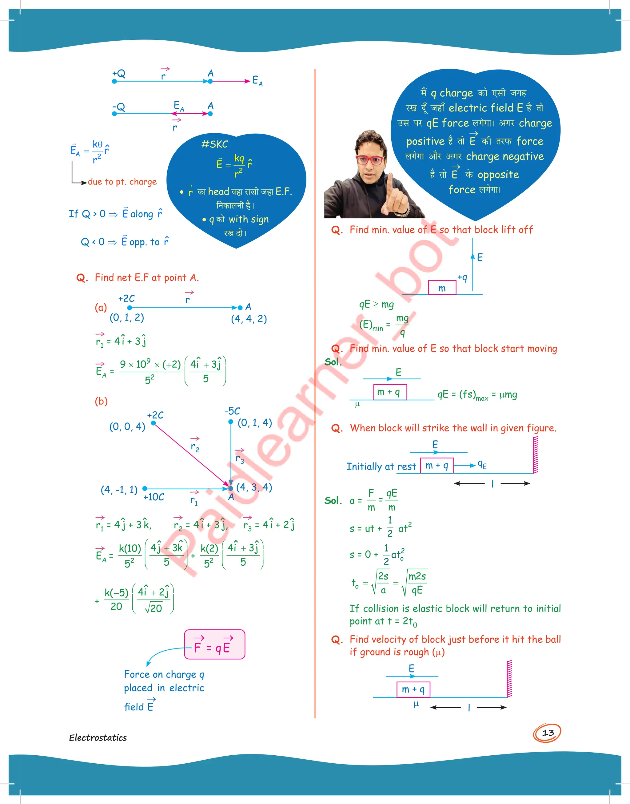 13
Electrostatics
→
r
→
r
+Q
–Q
A
A
EA
EA
A 2
k
ˆ
E r
r
θ
=

due to pt. charge
If Q  0 ⇒ E

along r̂
Q  0 ⇒ E

opp. to r̂
Q. Find net E.F at point A.
(a) A
+2C
(4, 4, 2)
(0, 1, 2)
→
r
→
r1 = 4^
i + 3^
j
→
EA =
9
2
ˆ ˆ
9 10 ( 2) 4i 3j
5
5
 
× × + +
 
 
 
(b)
→
r2 →
r3
→
r1
-5C
A
+2C
+10C
(4, -1, 1)
(0, 0, 4) (0, 1, 4)
(4, 3, 4)
→
r1 = 4^
j + 3^
k,
→
r2 = 4^
i + 3^
j,
→
r3 = 4^
i + 2^
j
→
EA = 2
ˆ
ˆ
4j 3k
k(10)
5
5
 
+
 
 
 
+ 2
ˆ ˆ
4i 3j
k(2)
5
5
 
+
 
 
 
+
ˆ ˆ
4i 2j
k( 5)
20 20
 
+
−
 
 
 
F E
= q
→ →
Force on charge q
placed in electric
field E
→
#SKC
2
kq
ˆ
E r
r
=

· r

-ा head )हा राखो जहा E.F.
िन-ालनी है।
· q -ो with sign
रख दो।
eSa q charge dks ,lh txg
j[k nw¡ tgk¡ electric field E gS rks
ml ij qE force yxsxkA vxj charge
positive gS rks E
→
dh rjiQ force
yxsxk vkSj vxj charge negative
gS rks E
→
osQ opposite
force yxsxkA
Q. Find min. value of E so that block lift off
+q
E
m
qE ≥ mg
(E)min =
mg
q
Q. Find min. value of E so that block start moving
Sol.
m
m + q
E
qE = (fs)max = mmg
Q. When block will strike the wall in given figure.
qE
m + q
E
Initially at rest
l
Sol. a =
qE
F
=
m m
s = ut +
1
2
at
2
s = 0 +
1
2
2
ato
o
2s m2s
t
a qE
= =
If collision is elastic block will return to initial
point at t = 2t0
Q. Find velocity of block just before it hit the ball
if ground is rough (m)
m + q
m
E
l
 