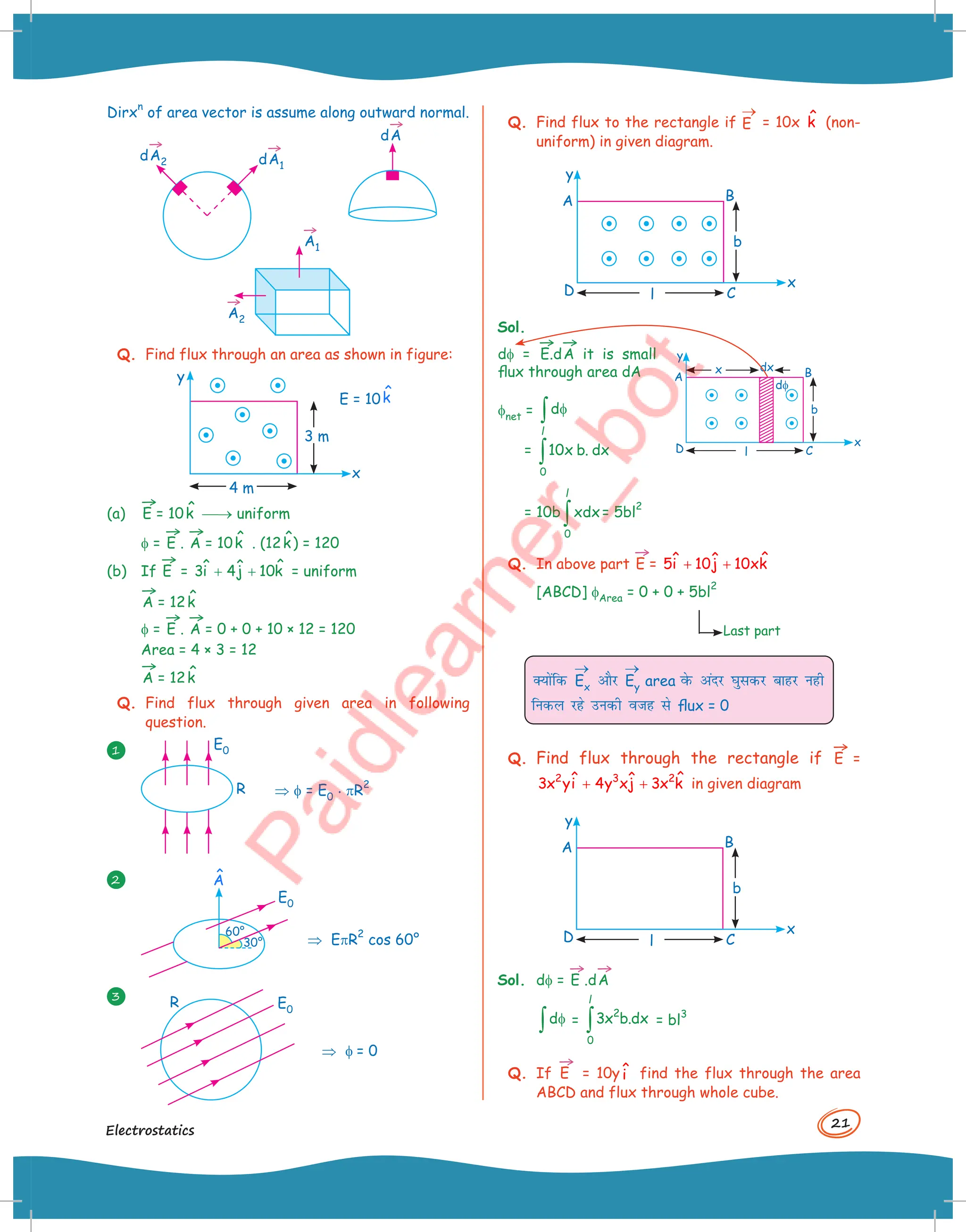 21
Electrostatics
Dirx
n
of area vector is assume along outward normal.
d
→
A2 d
→
A1
d
→
A
→
A1
→
A2
Q. Find flux through an area as shown in figure:
3 m
x
E = 10k̂
y
4 m
(a)
→
E = 10k̂ → uniform
f =
→
E .
→
A = 10k̂ . (12k̂) = 120
(b) If
→
E = ˆ
ˆ ˆ
3i 4j 10k
+ + = uniform
→
A = 12k̂
f =
→
E .
→
A = 0 + 0 + 10 × 12 = 120
Area = 4 × 3 = 12
→
A = 12k̂
Q. Find flux through given area in following
question.
1 E0
R ⇒ f = E0
. pR
2
2
E0
60°
30° ⇒ EpR
2
cos 60°
Â
3
⇒ f = 0
R E0
Q. Find flux to the rectangle if E
→
= 10x k̂ (non-
uniform) in given diagram.
y
B
A
C
D
x
b
l
Sol.
df =
→
E.d
→
A it is small
flux through area dA
fnet = dφ
∫
=
0
10x b. dx
∫
l
= 10b
0
xdx
∫
l
= 5bl
2
Q. In above part
→
E = ˆ
ˆ ˆ
5i 10j 10xk
+ +
[ABCD] fArea = 0 + 0 + 5bl
2
Last part
D;ksafd Ex
→
vkSj Ey
→
area osQ vanj ?kqldj ckgj ugh
fudy jgs mudh otg ls flux = 0
Q. Find flux through the rectangle if
→
E =
2 3 2ˆ
ˆ ˆ
3x yi 4y xj 3x k
+ + in given diagram
y
B
A
C
D
x
b
l
Sol. df =
→
E .d
→
A
dφ
∫ =
2
0
3x b.dx
∫
l
= bl
3
Q. If
→
E = 10y î find the flux through the area
ABCD and flux through whole cube.
y
B
df
A
C
D
x
b
x
l
dx
 
