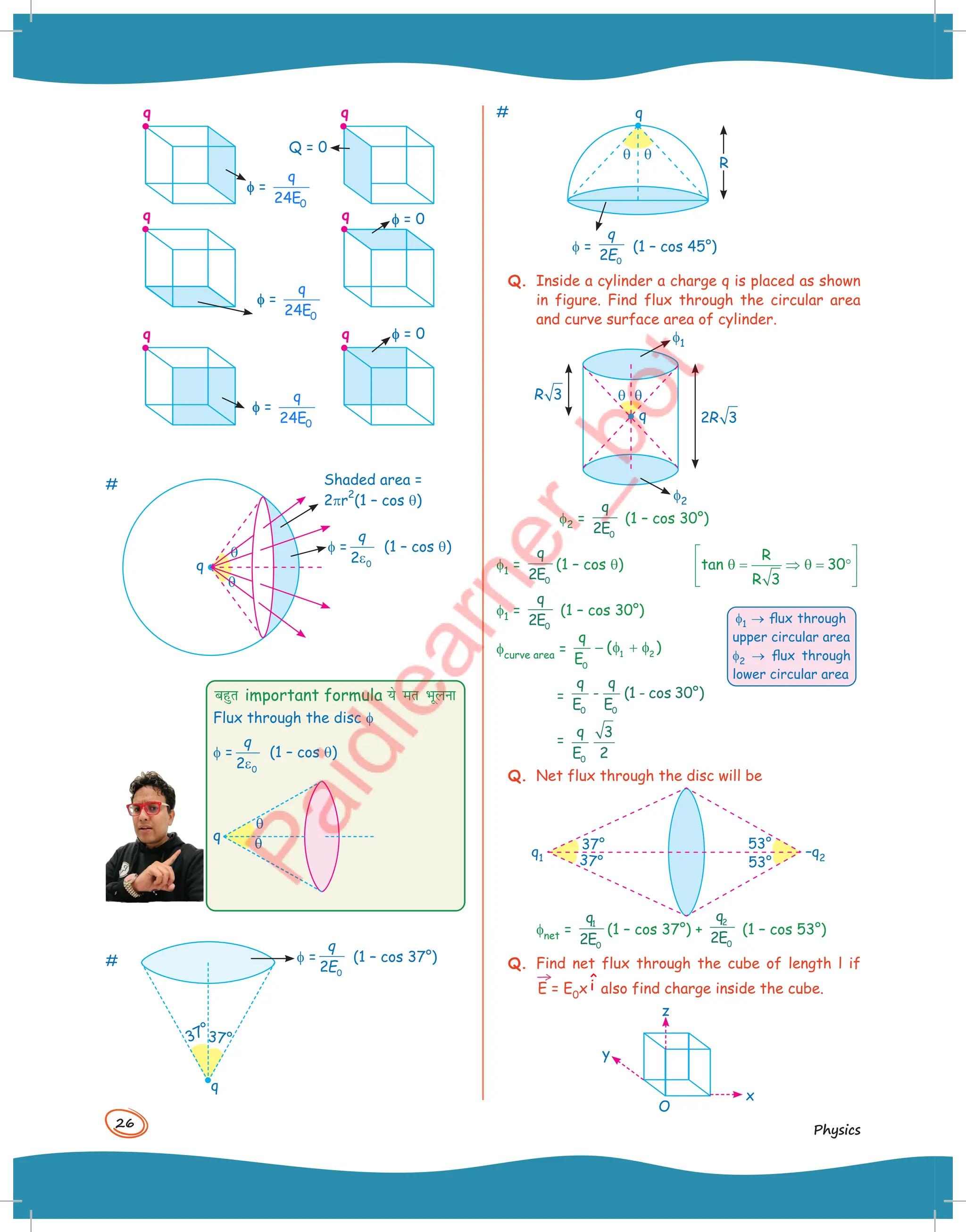 26
Physics
f
f =
0
q
24E
f
f =
0
q
24E
f
f =
0
q
24E
Q = 0
f
f = 0
f
f = 0
q q
q
q
q
q
#
q
q
f =
q
2 0
e
(1 – cos q)
q
Shaded area =
2pr
2
(1 – cos q)
cgqr important formula ;s er Hkwyuk
Flux through the disc f
f =
q
2 0
e
(1 – cos q)
q
q
q
q
q
q
#
37°37°
q
f =
q
E
2 0
(1 – cos 37°)
#
q
q
q
f =
q
E
2 0
(1 – cos 45°)
R
Q. Inside a cylinder a charge q is placed as shown
in figure. Find flux through the circular area
and curve surface area of cylinder.
f1
f2
q
q
q 2 3
R
R 3
f2 =
q
E
2 0
(1 – cos 30°)
f1 =
q
E
2 0
(1 – cos q)
R
tan 30
R 3
 
θ = ⇒ θ = °
 
 
f1 =
q
E
2 0
(1 – cos 30°)
fcurve area = 1 2
0
q
( )
E
− φ + φ
=
q
E
q
E
0 0
1 30
- ( - cos )
°
=
q
E0
3
2
Q. Net flux through the disc will be
37° 53°
53°
37°
q1 –q2
fnet =
q
E
1
0
2
(1 – cos 37°) +
q
E
2
0
2
(1 – cos 53°)
Q. Find net flux through the cube of length l if
→
E = E0x î also find charge inside the cube.
z
O
x
y
f1 → flux through
upper circular area
f2 → flux through
lower circular area
 